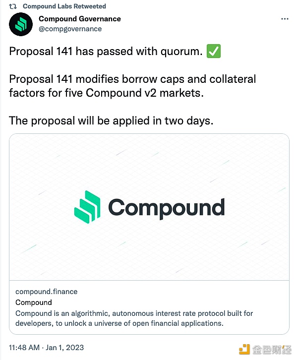 图片[1] - Compound 114号提案通过，将在两天内实施