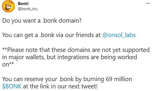 图片[1] - BONK推出“.bonk”域名服务，已启动钱包整合工作