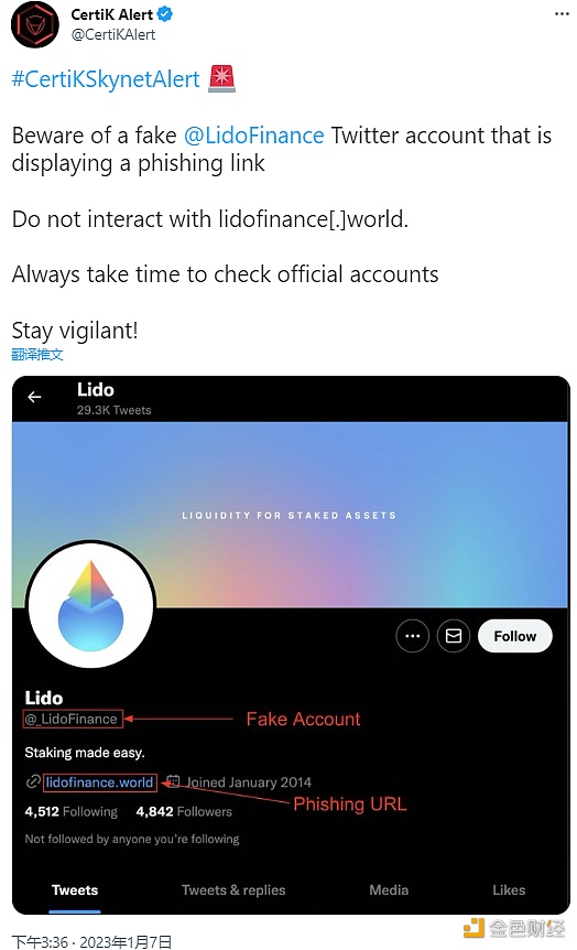 图片[1] - CertiK：警惕假冒Lido推特账号和钓鱼链接
