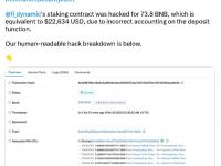 dynamic.fi的质押合约被黑73.8 BNB