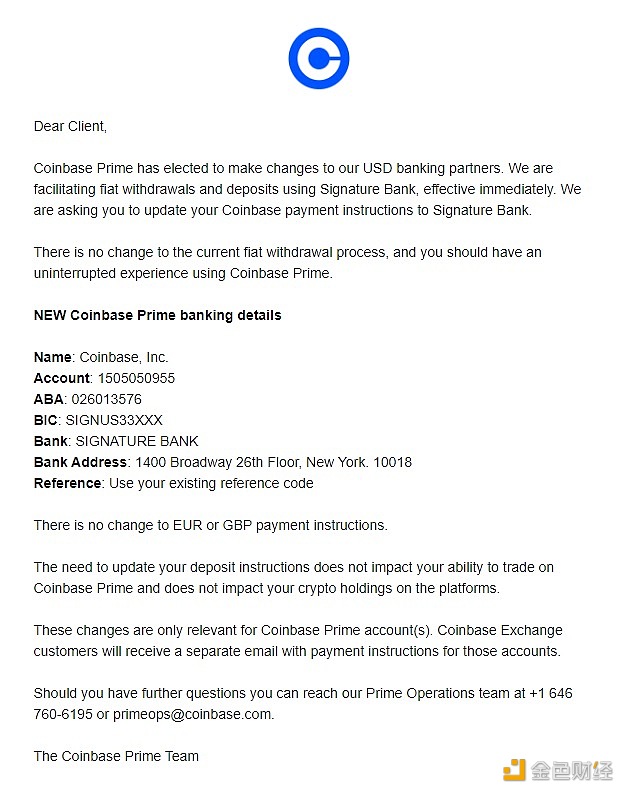 图片[1] - Coinbase：不再使用Silvergate作为Prime客户的美元银行合作伙伴