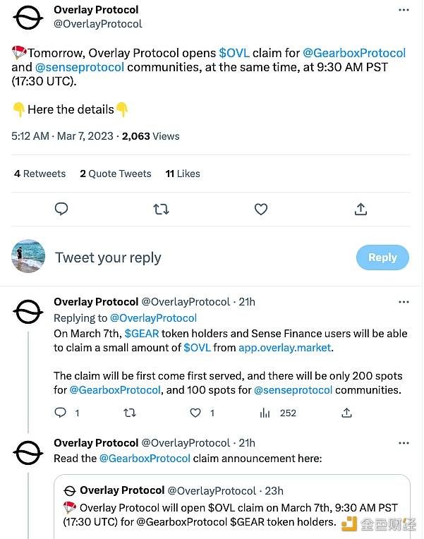 图片[1] - Overlay Protocol宣布将开放Gearbox Protocol和Sense Finance社区的OVL申领