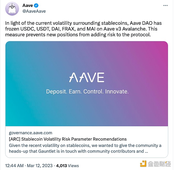 图片[1] - Aave DAO已在Aave v3 Avalanche上冻结了USDC、USDT、DAI、FRAX和MAI