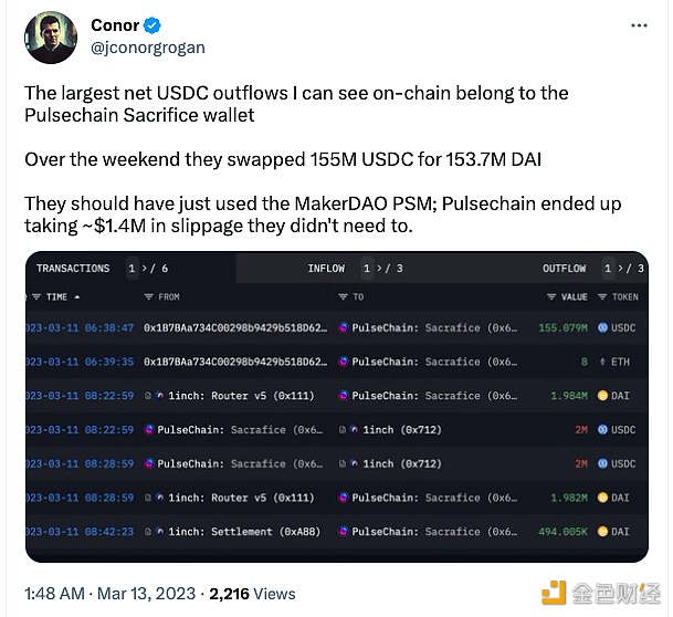 图片[1] - Coinbase业务主管：Pulsechain Sacrifice钱包用1.55亿枚USDC交换了1.537亿枚DAI