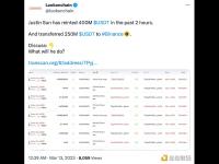 Justin Sun过去2小时内已累计向Binance转移2.5亿枚USDT