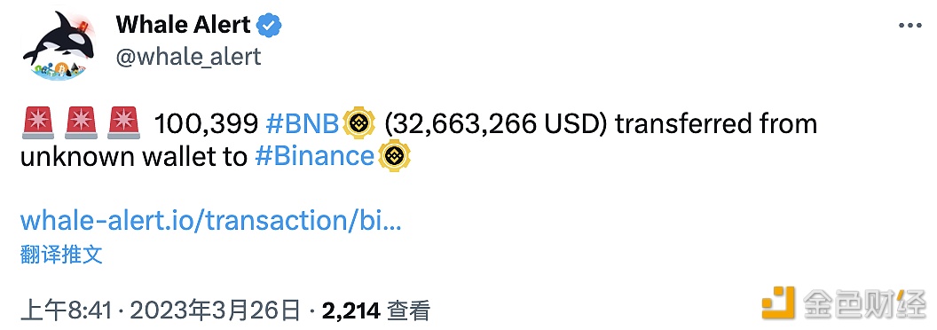 图片[1] - 100,399 BNB从未知钱包转移到Binance