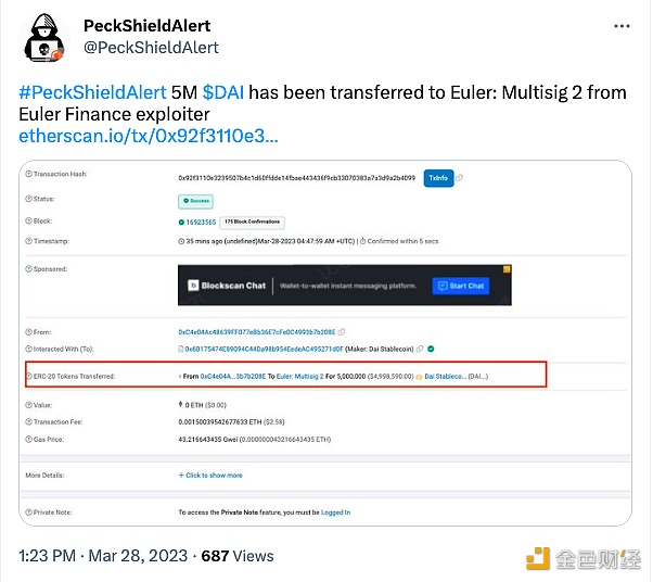 图片[1] - Euler Finance攻击者再次返还500万枚DAI