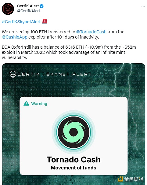 图片[1] - Cashio App攻击者向Tornado Cash转入100枚ETH