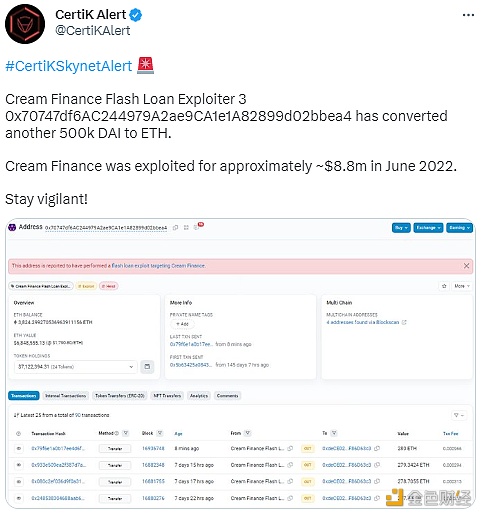 图片[1] - Cream Finance闪电贷攻击者已将另外50万枚DAI换成ETH