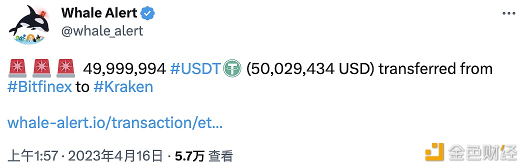 图片[1] - 49,999,994 USDT从Bitfinex转移到Kraken