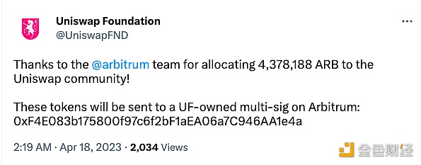 图片[1] - Uniswap基金会：将在未来几周讨论如何部署Arbitrum分配的逾437万枚ARB