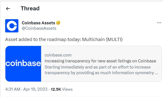 图片[1] - Coinbase 将 Multichain（MULTI）列入上币路线图