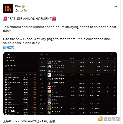 图片[1] - Blur推出Global Activity界面，可监控所有NFT系列的上架和销售活动