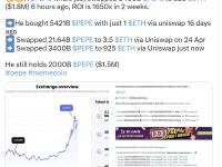 某PEPE巨鲸在6小时前将3.4万亿枚PEPE换成925枚ETH