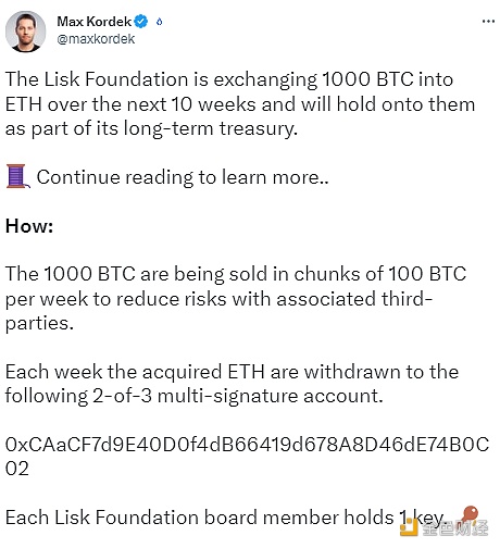 图片[1] - Lisk基金会计划在未来10周内将1000枚BTC兑换为ETH