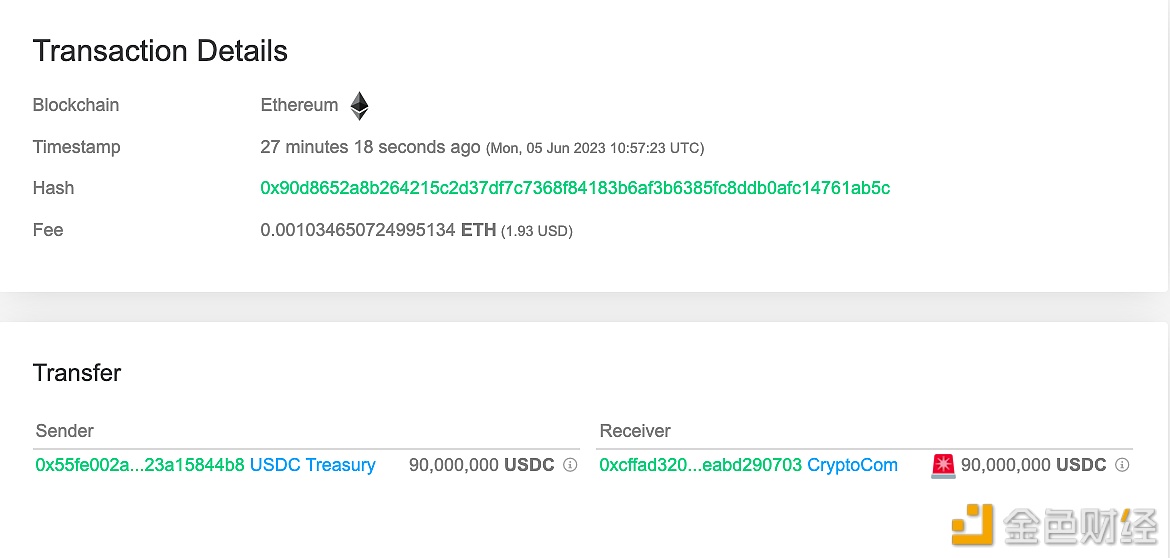 图片[1] - 9000万枚USDC从USDC Treasury转移到Crypto.com