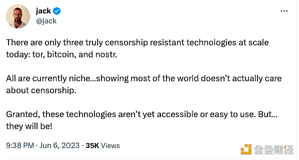 图片[1] - Jack：只有Tor、比特币和Nostr真正具有大规模的抗审查技术