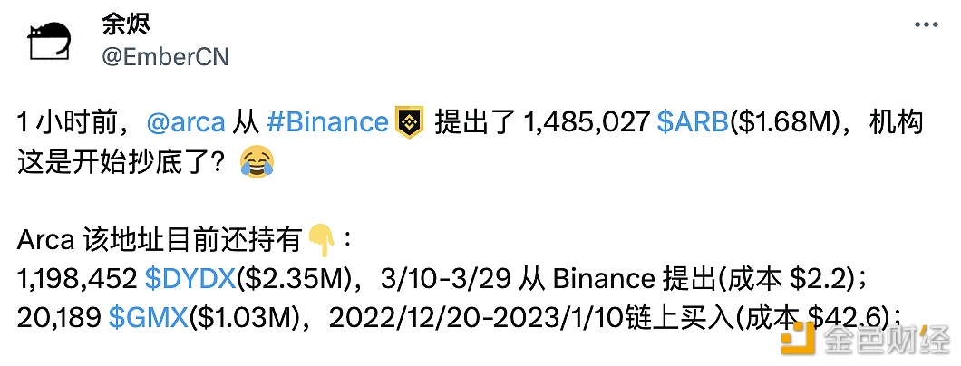 图片[1] - Arca从币安提出价值约168万美元的ARB