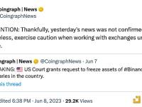 Coingraph News：昨日发布的美SEC冻结Binance.US相关资产申请获得法院批准消息没有得到证实