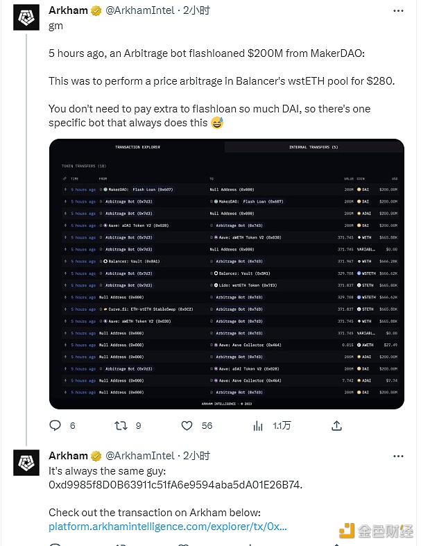 图片[1] - Arkham：一套利机器人从MakerDAO执行了一笔2亿美元的闪电贷交易