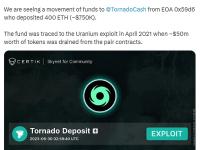 CertiK：Uranium漏洞损失资金有400枚ETH被转入Tornado Cash