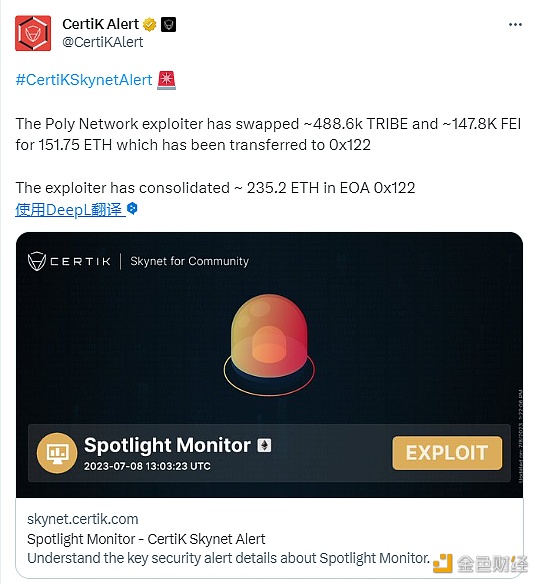 图片[1] - Poly Network攻击者已将约48.86万枚TRIBE和约14.78万枚FEI转换为151.75枚ETH