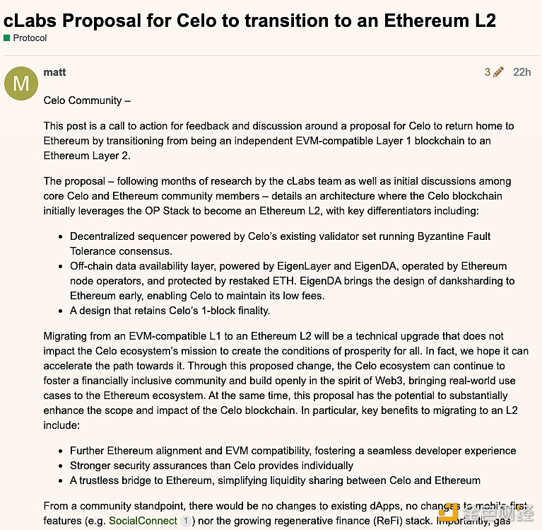 图片[1] - Celo开发组织cLabs提议将Celo转变为基于OP Stack的以太坊L2