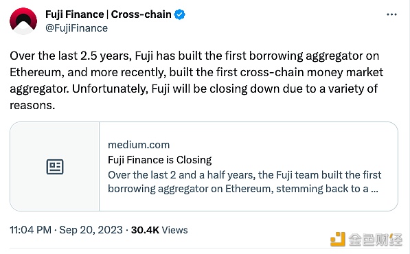 图片[1] - 借贷聚合器Fuji Finance将停止运营，2024年前用户可通过用户界面提取资金