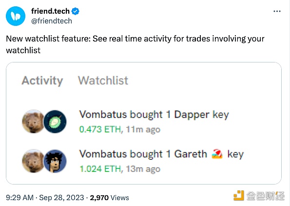 图片[1] - friend.tech推出更新观察列表功能，可查看实时交易活动