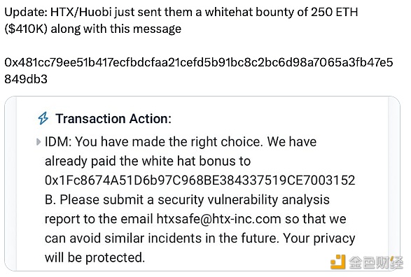 图片[1] - HTX向黑客发送250ETH的白帽赏金，价值41万美元