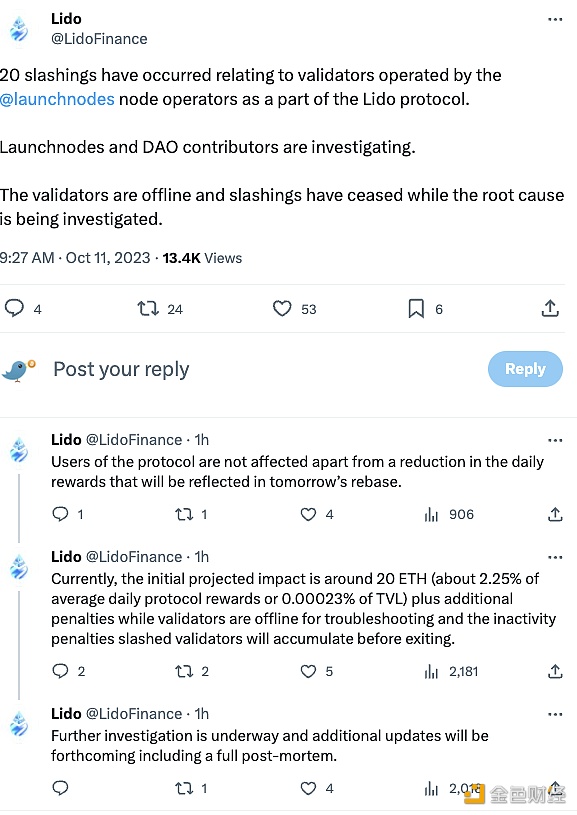 图片[1] - Lido：Launchnodes运营的验证器已发生20次削减，初步影响约为20ETH，正在调查根本原因