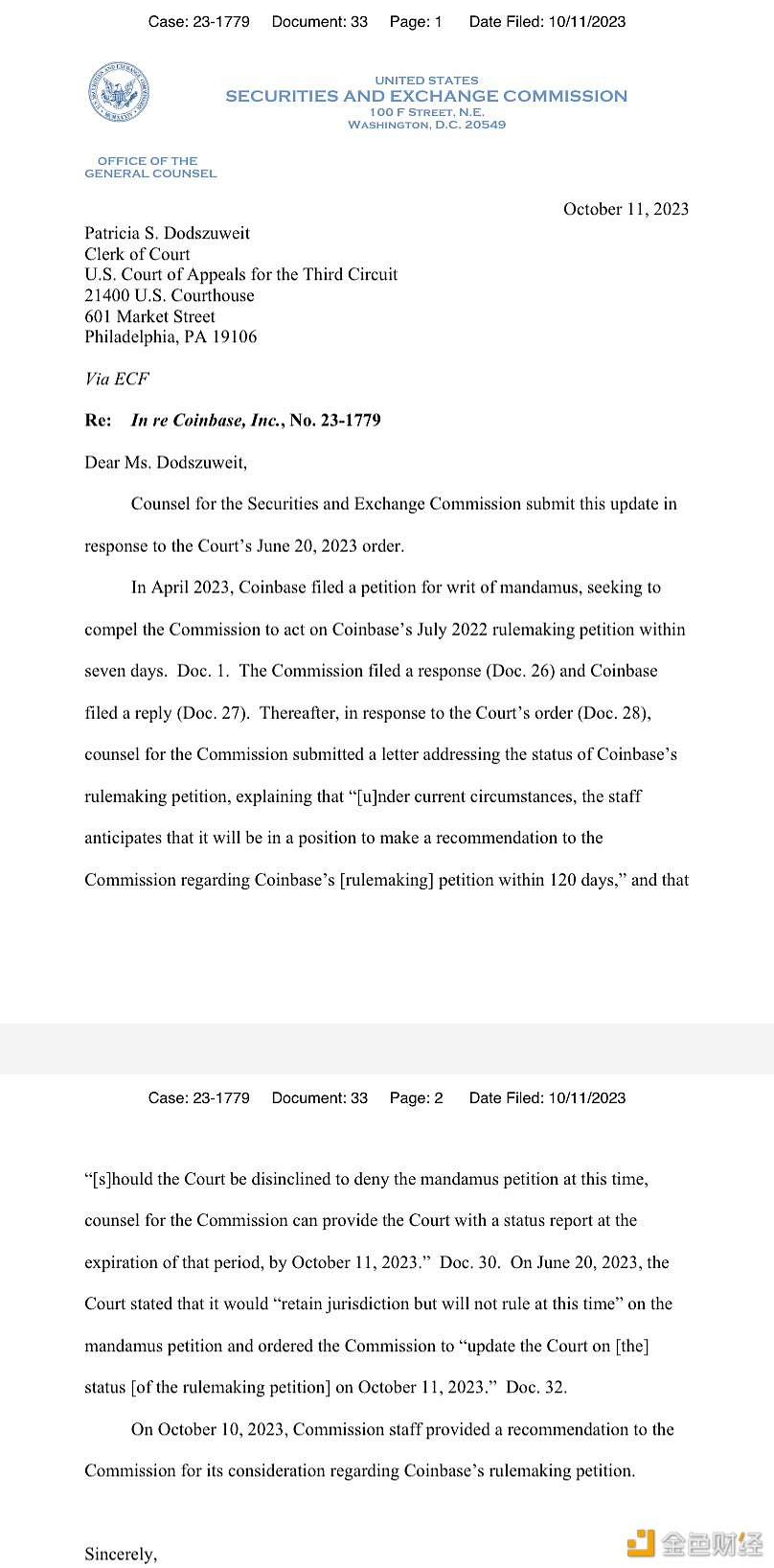 图片[1] - Coinbase首席法务官：美SEC在Coinbase的强制令诉讼中向第三巡回法院提供了法院命令的更新