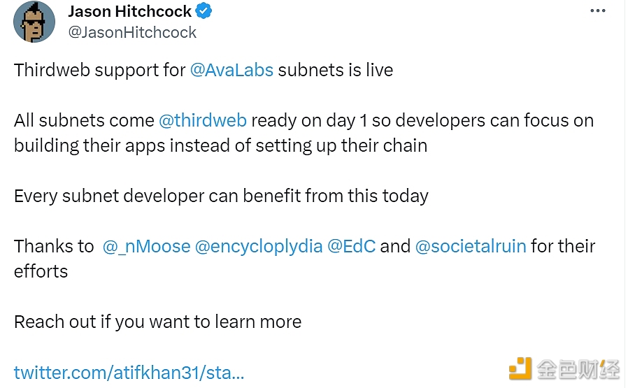 图片[1] - ThirdWeb生态系统负责人：Thirdweb对AvaLabs子网的支持已上线