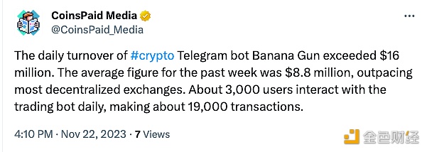 图片[1] - 外媒：Telegram Bot项目Banana Gun日交易额超过1600万美元