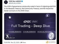 dYdX v3治理社区投票赞成将奖励金库、社区金库中的ethDYDX以及相应的Vester合约迁移到dYdX链