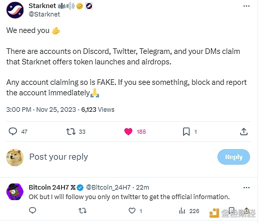 图片[1] - Starknet：任何声称Starknet代币发行和空投的账户都是虚假的