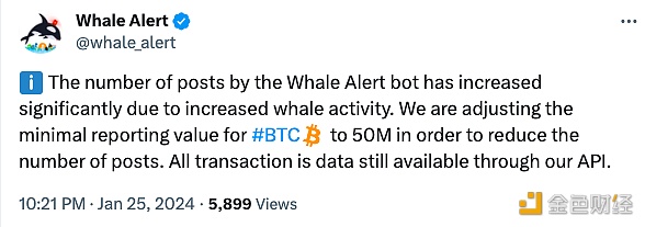 图片[1] - Whale Alert：将BTC的最小报告值调整为5000万美元