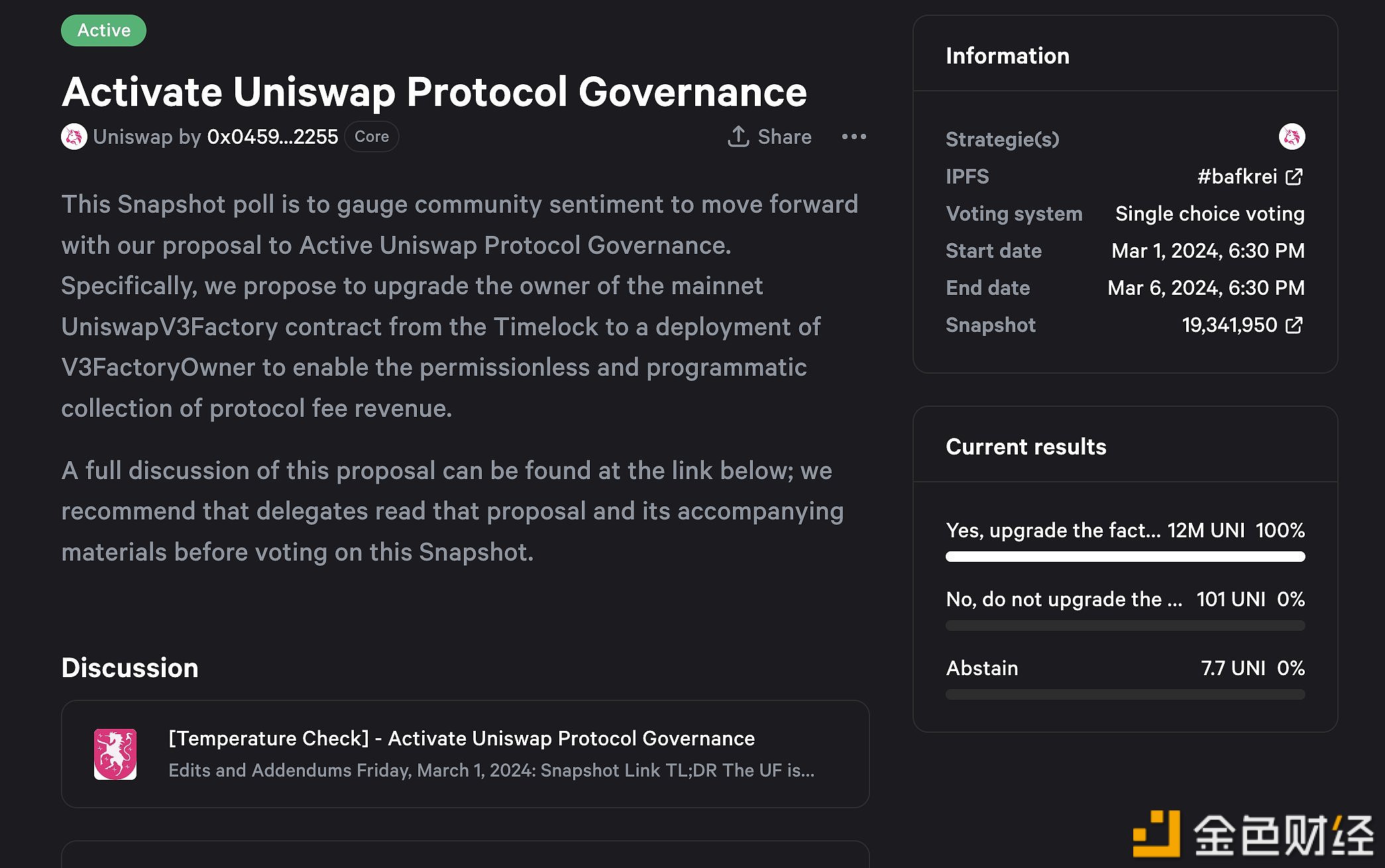 图片[1] - Uniswap发起激活Uniswap协议治理提案已超法定人数
