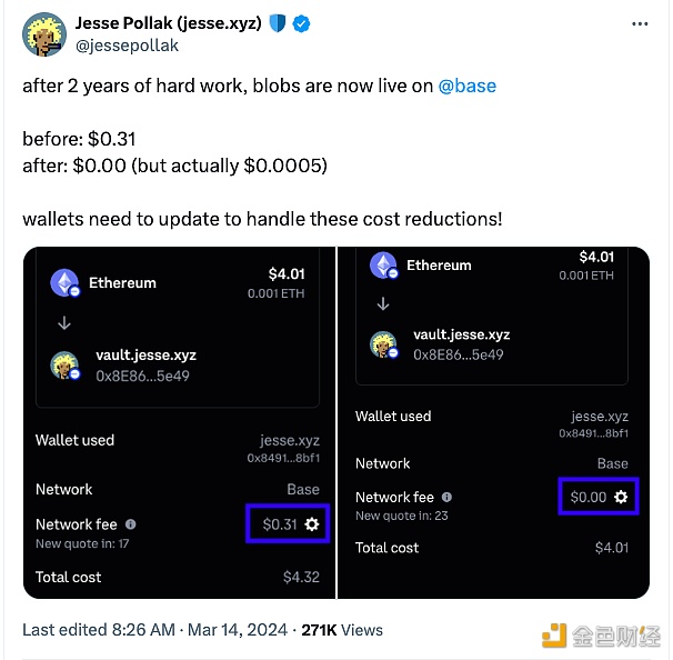图片[1] - Base已上线Blob，网络交易费用从0.31美元降至0.0005美元