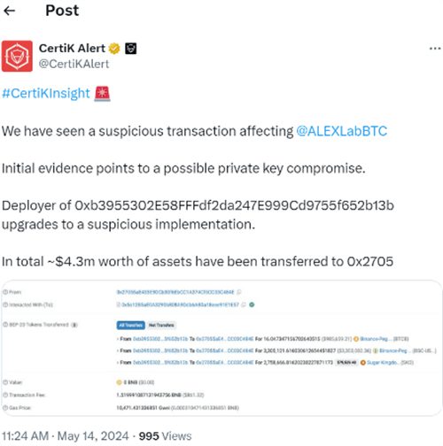 图片[2] - Alex桥疑遭升级攻击，BNB智能链损失430万美元