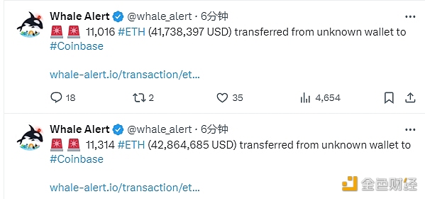 图片[1] - 两笔共计22,330枚ETH从未知钱包转移到Coinbase