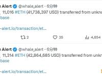 两笔共计22,330枚ETH从未知钱包转移到Coinbase