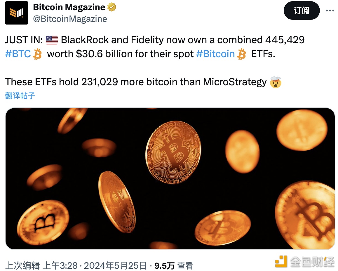 图片[1] - 贝莱德和富达的现货比特币ETF目前共持有44.54万枚BTC